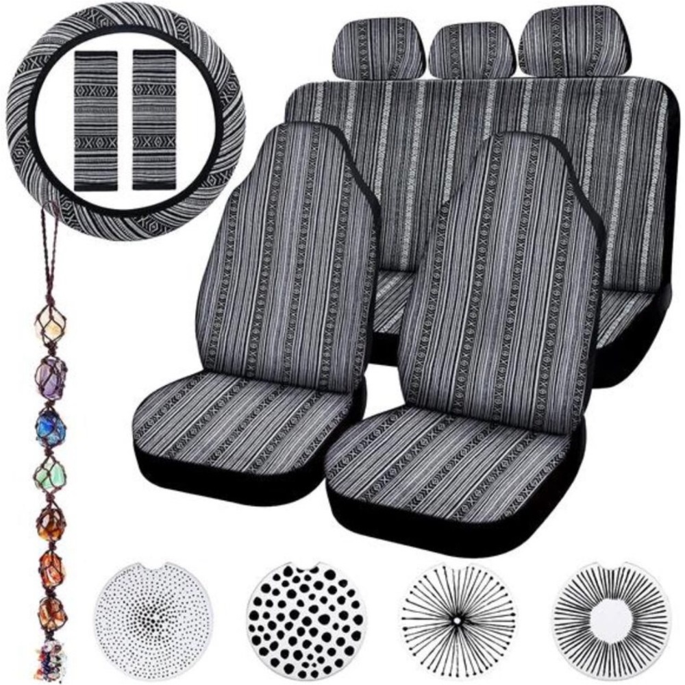 14 Pcs Baja Car Seat Covers Full Set Multicolor Stripe Boho Print Steering Wheel